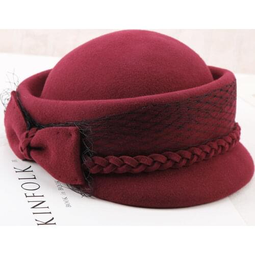 Lady 100% Wool Hat Female Woolen Fedoras Cap Girls Winter Fedoras Woolen Hat Adult Elegant Fashion Bow Tie Cap B-8917