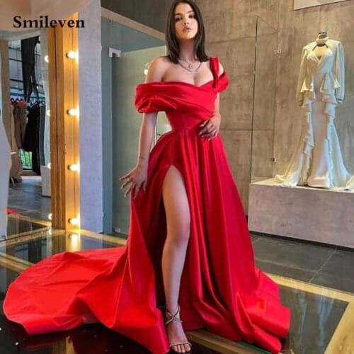 Smileven Red Off The Shoulder Formal Evening Dress High Side Split Prom Dresses New Arrival Celebrity Dresses Dubai Party Gowns