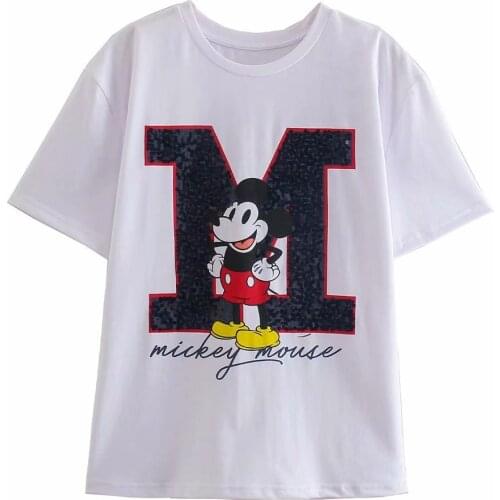 Disney Cartoon Mickey Mouse Shirts For Women Print Round Neck Short-sleeved Women Fashion Clothing Graphic T-Shirts Harajuku