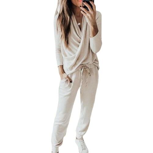 Plus Size Pijamas Women Solid V Neck Cross Long Sleeve Tops Drawstring Pants Loungewear Sweatshirt Joggers Pyjamas Set