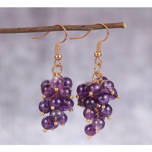 Women Natural Purple Crystal Dangling Earrings Amethysts Onyx Turquoises Grape Bunch Hanging Pierced Earring Hoops Jewelry Gifts