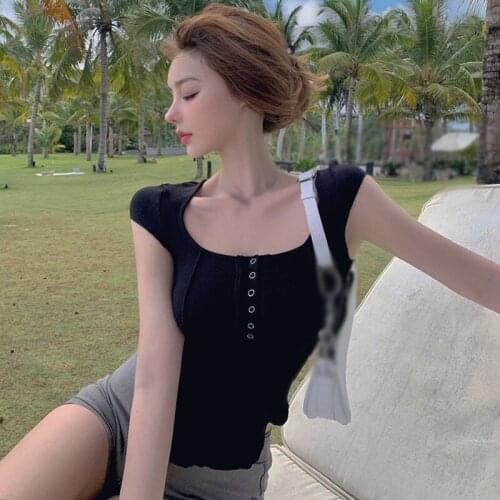 Women Slim Casual Solid Chic Ladies Crop Tops 2021 Slach Neck T-Shirt Short Sleeve Buttons Knitted Tee Tops