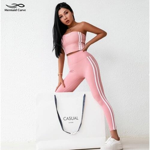Mermaid Curve Sports Suit Womens Tank Strapless Top High Waist Striped Contrast Stitching Yoga Pants Fitness Suit 2 Piece Sets
