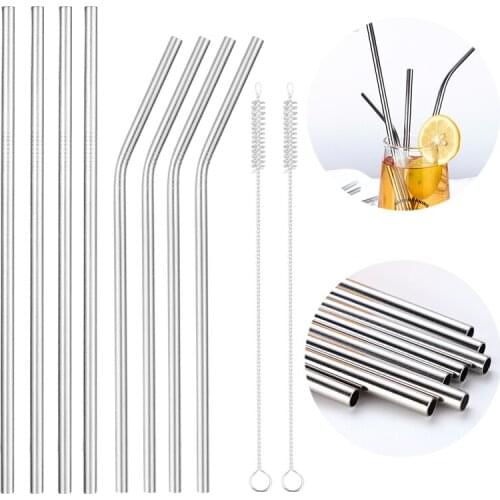 4 pcs/set Reusable Metal Drinking Straws 304 Stainless Steel Sturdy Bent Straight Straw with Cleaning Brush Bar Party Accessory