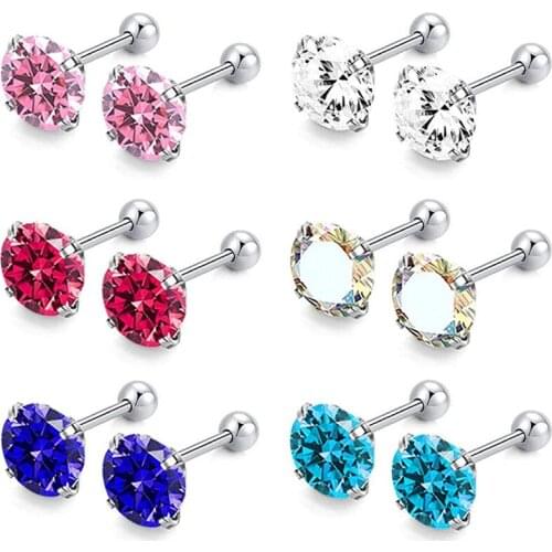 6 Pairs 18G Stainless Steel Ear Stud Piercing Cartilage Tragus Helix Barbell Studs Earrings CZ Inlaid 6mm Bar 3/4/5/6/7/8mm CZ