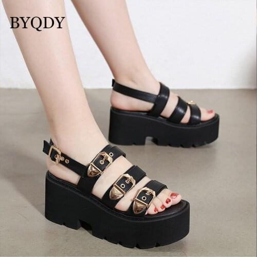 BYQDY Platform High Heels Pumps Women Shoes Luxury Designer 7.5CM Chunky Heels Open Peep Toe Party Office Footwear Black