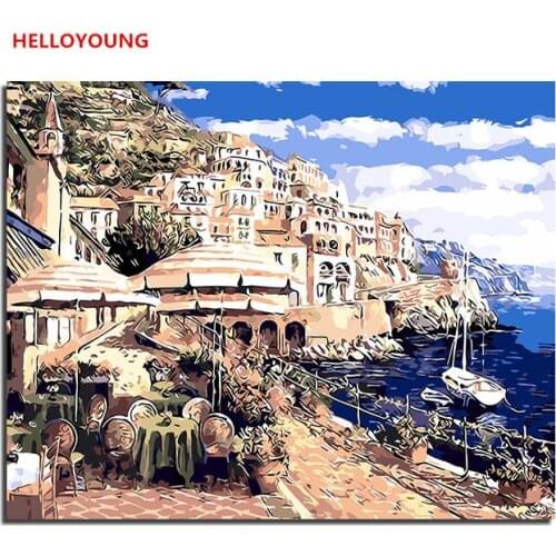 Coast Architecture Landscape DIY Handpainted Oil Painting Digital Painting by numbers oil paintings scroll paintings Home Decor