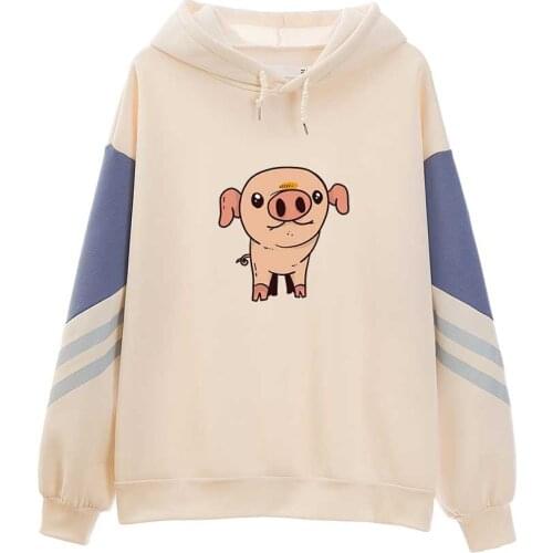 Color Block Hoodie Apricot Top Harajuku Hoodie Korean Fashion Pullover Cute Pig Animal Print Long Sleeve Sweatshirt Autumn Tops