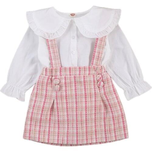 2PCS Lovely Kids Skirt Suit Solid Peter Pan Collar Long Puff Sleeve Shirt+Plaid Suspender Skirt for Autumn and Spring