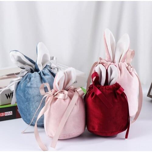 Cute Bunny Ears Candy Bags Flannelette Easter Rabbit Chocolate Gift Packing Bags Wedding Birthday Party Jewelry Organizer bag