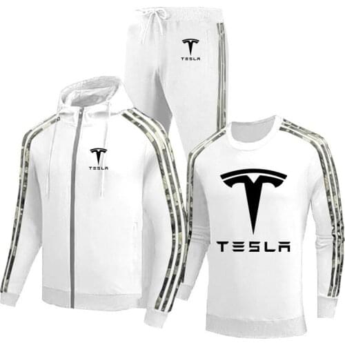 High Quality Casual Mens jackets Tesla car Logo Printing Spring Autumn Cotton Mens jacket + sweater + pants three-piece suit