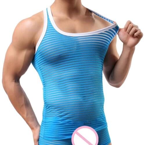 Mens Tank Tops Shirt Striped Breathable Stringer Tank Top Bodybuilding Fitness Clothing Men Tank Top Transparent Undershirts