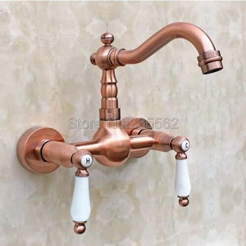 Wall Mounted Bathroom Faucet Antique Red Copper Finish Dual Ceramic Handle Washbasin Mixer Vessel Sink Faucets lrg035