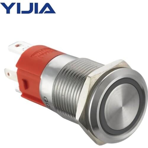 CNWX 10 Amp 1NO 16mm Flat Latching Push Button Switch 12V LED Waterproof Stainless Steel Round Self-Locking GQ16AF-10EZ/S