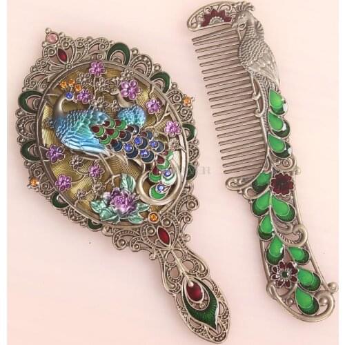 Portable retro small handle mirror with comb personality small makeup mirror mini cute creative small mirror