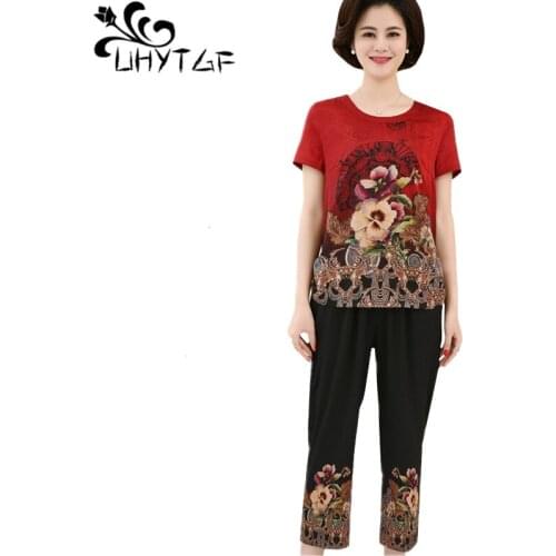 UHYTGF two piece set women fashion printing elegant Female thin suits O neck pullover tshirt top plus size clothes for women 920