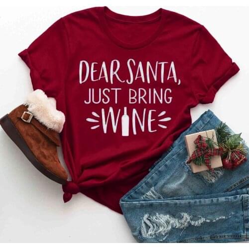 Funny Tumblr Tee Hipster Wine Merry Christmas Grunge Tops art Outfits Dear Santa Just Bring Wine Graphic T-Shirt