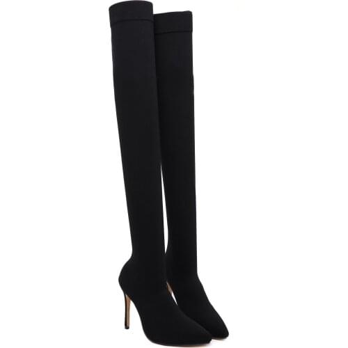 Women Black Stretch Leather Thigh High High Heel OverKnee Boots Spring Over the Knee Customized Stretch Long Slim Winter 2021