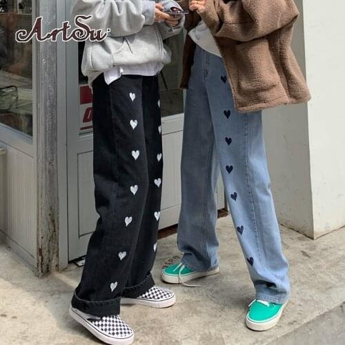 Artsu Heart Print Black Casual Jeans Pants Women Straight High Waist Denim Long Trousers Lady Harajuku Autumn Winter 41986