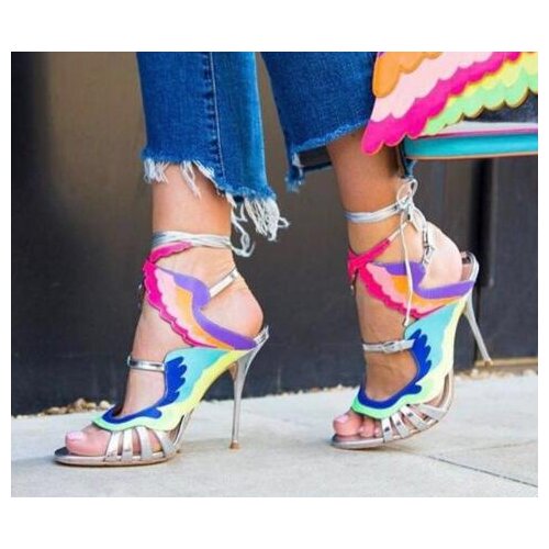 2017 Summer Women Fashion Sliver Patchwork Gladiator Cuts Out Lace Up Fire Bird Metallic Leather Thin Heels Sandals