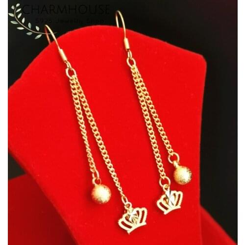 24K Gold Filled Earrings For Women African Gold Crown & Bead Long Tassel Earing Statement Jewelry Pendiente Mujer Brincos Femme