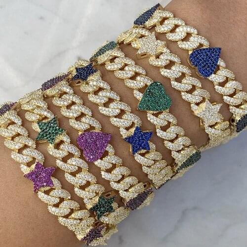 New 11MM Gold Color Iced Out Bling CZ Star Heart Bracelets Blue Green Zircon Cuban Miami Link Chain Bracelet Women Jewelry