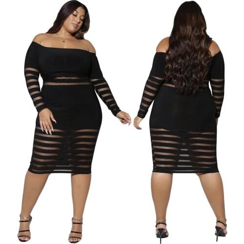Plus Size Dresses For Women 3XL 4XL 5XL Long Sleeve Transparent Mesh Clothing Slash Neck Off Shoulder Black Bodycon Dress