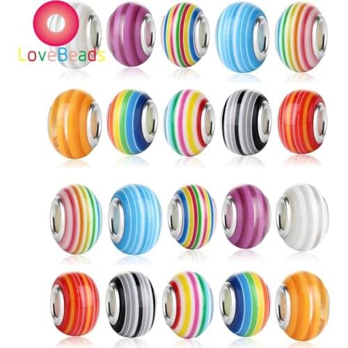 10Pcs Mixed Color Rainbow Stripe Resin Murano Rondelle Large Hole Spacer Beads Silver Plated Fit Pandora Bracelet Jewelry Beads