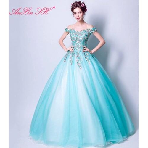 AXJFU Cents beauty water blue, exotic flowers evening dress, embroidery, bridal gowns, toast, dinner evening dress 2218