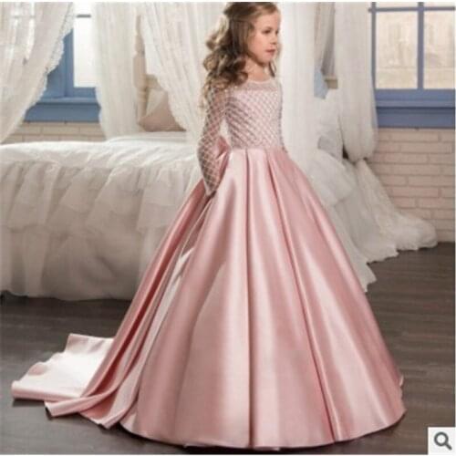 Children Wedding Dress Fashion Stitching Long Sleeves Evening Dresses Princess Dress Girls Party Big Girls Irregular Dress New