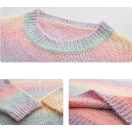 20CF Women Autumn Long Sleeve O-Neck Sweater Harajuku Gradient Rainbow Candy Color Striped Jumpers Oversized Loose Pullover Tops
