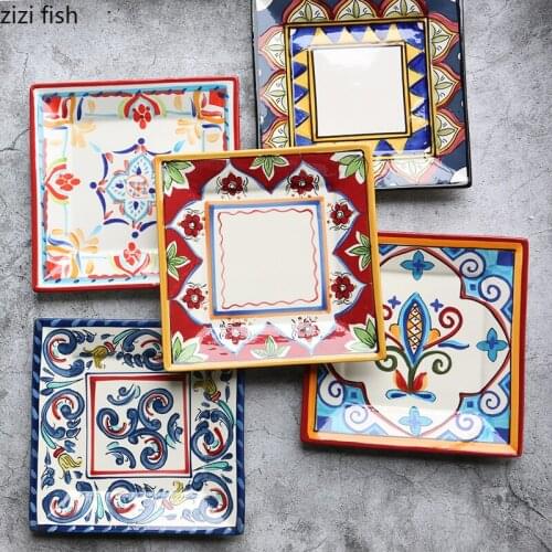 8-inch Square Dish Plate Ceramic Household Square Plate Steak Western Tableware Painted Plate Fruit Plate Kitchen Tool Porcelain
