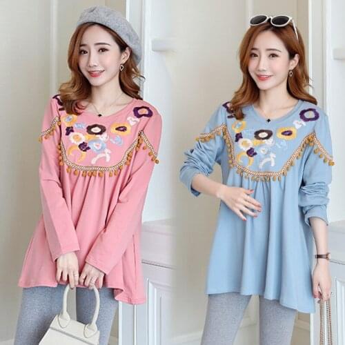 Embroidered Cotton O-neck Female T-shirt Full Sleeve Tops Loose Maternity Clothes for Pregnant Women Spring Autumn Tee Clothing