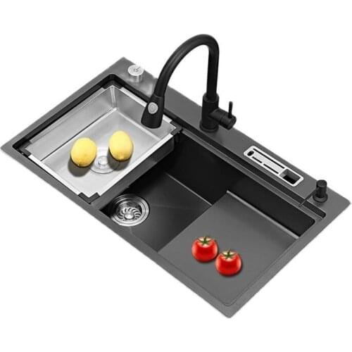 Black Nano-sink Single-slot Ladder Kitchen Sink 304 Stainless Steel Sink Under-counter Large Sink Kitchen Bowl Set Above Counter