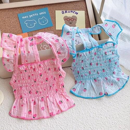 Cute Cat Vest Shirt Summer Pet Cat Clothes Lace Princess Girl Tshirt Pink Blue Strawberry Tutu Dress Shirt Hoodies For Small Dog