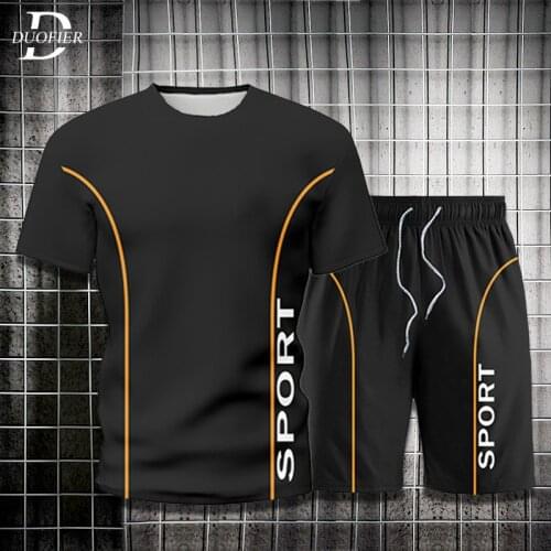 2021 Men Sets Casual Printing Tracksuit Mens New Loose Summer T-shirt+Shorts Two Piece Jogging Sports Suit Outfit Streetwear