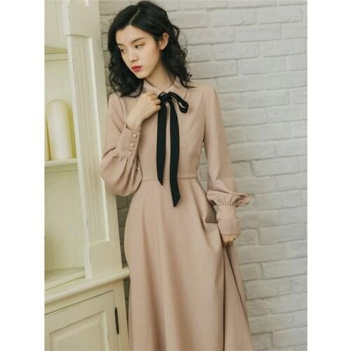 2019 new fashion womens dresses Spring French retro slim waist basic dress