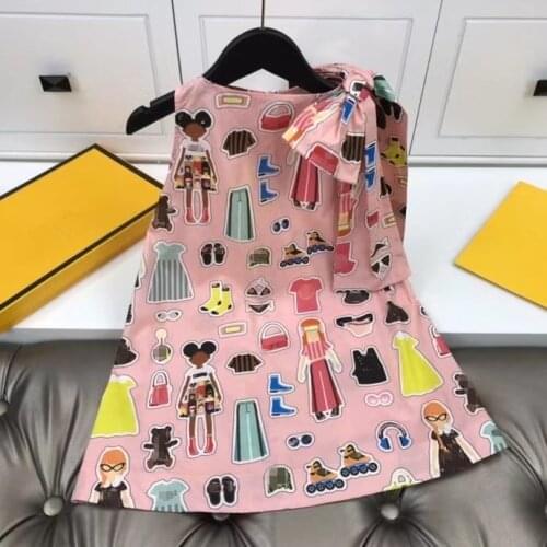 2021 New Summer Friend Printed Childrens Girls Dress Cotton Bow On Shoulder kids Princess Dress