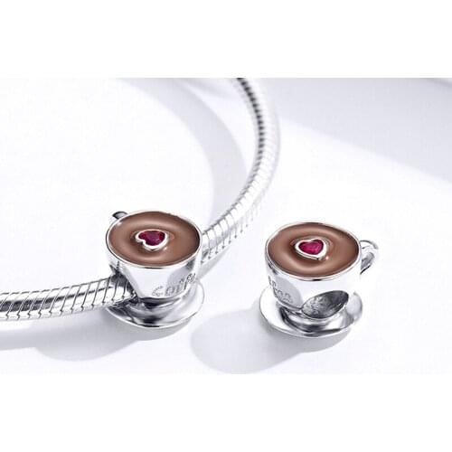 925 Sterling Silver Red Heart Love Coffee Cup Pendant Charms Bracelet DIY Jewelry Making For Original Pandora