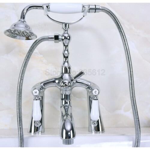 Polished Chrome Brass Dual Handle Clawfoot Bath Tub Faucet Deck Mounted Bathroom Bathtub Mixer Taps with Handheld shower Wna104