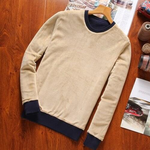 Casual Long Sleeve O-Neck Stripe Mens Winter Thick Pullovers Korean Slim Fit Plus Size Fleece Lining Warm Male Knitting Sweaters