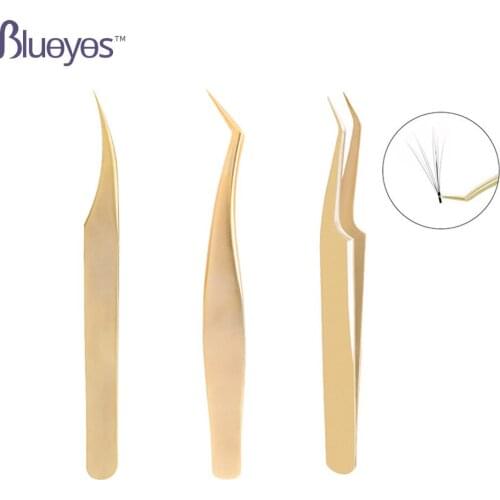 Professional Eyelashes Tweezers For Eyelash Extension Stainless Steel Gold Color High Precision Anti-static Makeup Tools