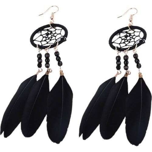 Bohemian White Black Feather Tassel Earrings for Women Long Earrings Hanging Lucky Dreamcatcher Earrings Friendship Jewelry Gift