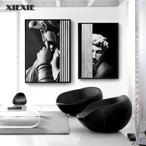 Nordic Black and White Wall Mural Modern Retro Roman Column Figure Posters David Gypsum Sculpture Canvas Painting Art Decoration