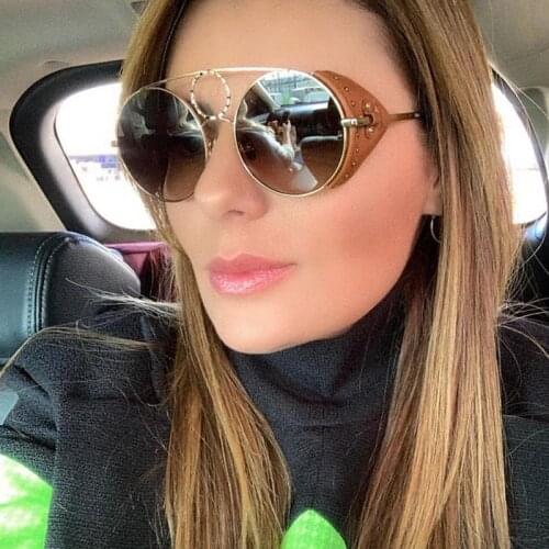 Fashion Celebrity Sexy Punk Round Sunglasses Luxury Designer Brown Circle Glasses Rivet Shades Sun Glasses For Female Women