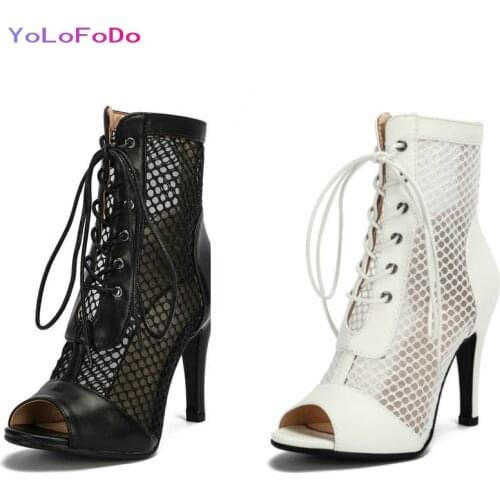 PU Leather Mesh Summer Women Ankle Boots Fashion Peep Toe Thin High Heel Short Boots Cross Tied Zipper Womans Shoes Plus Size