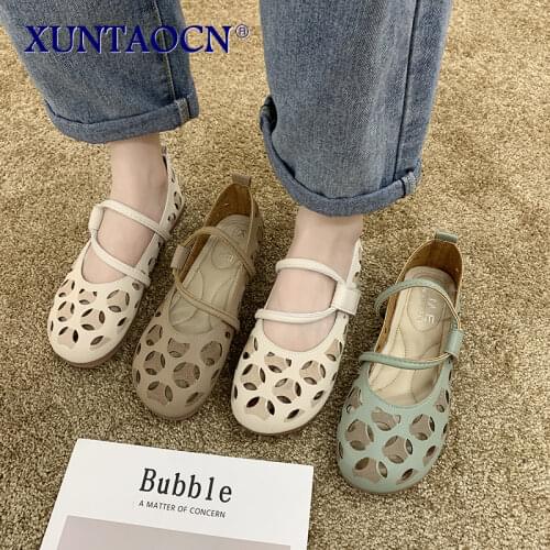 2021 New Leather Summer Shoes Woman Flats Hollow Breathable Casual Flat Shoes Comfortable Women Shoes