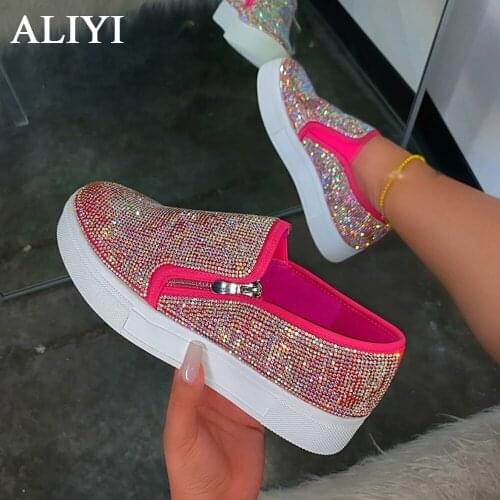 Womens Rhinestone Sneakers 2021 Autumn Fashion Zipper Slip On Lady Running Shoes Outdoor Breathable Female Comfortable Loafer