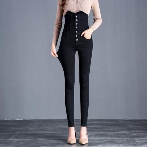 Women Simple Black Blue Stretch Cotton Casual Jeans Pencil Denim Pants Womens High Waist Skinny Jeans Trousers Fashion