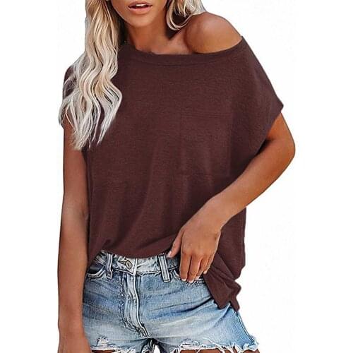Tops Women Summer Solid Color O-neck Off Shoulder top female Short Sleeves T-shirt with Pocket womens T-shirts camisas de mujer